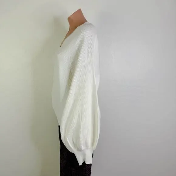 1 State V Neck Ribbed Knit Balloon Sleeve Pullover Sweater White Cream Large NWT - Picture 7 of 12